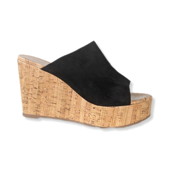 Stuart Weitzman Margarite Black Suede Cork Wedges